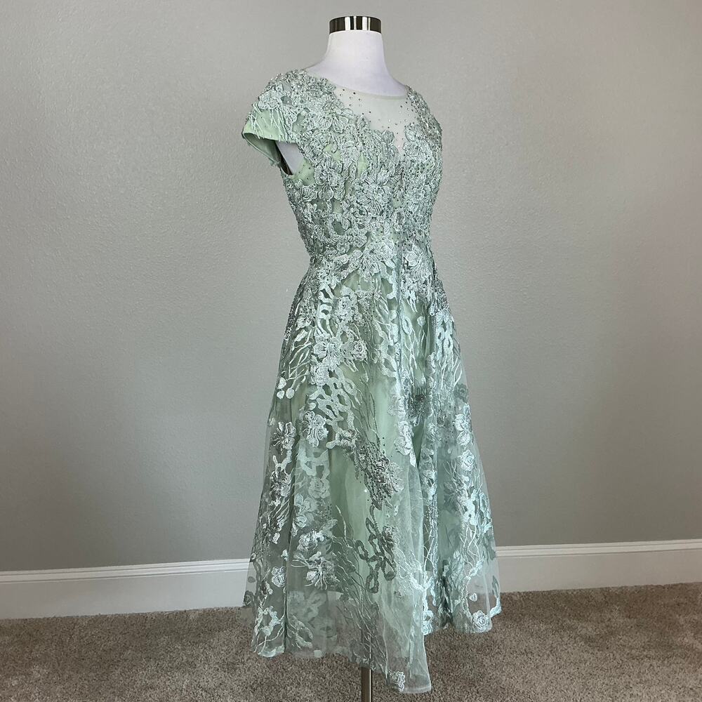 Mac Duggal 20978 Sage Green Cocktail Dress Beaded Lace Fit & Flare Midi Size 12 - Picture 3 of 10